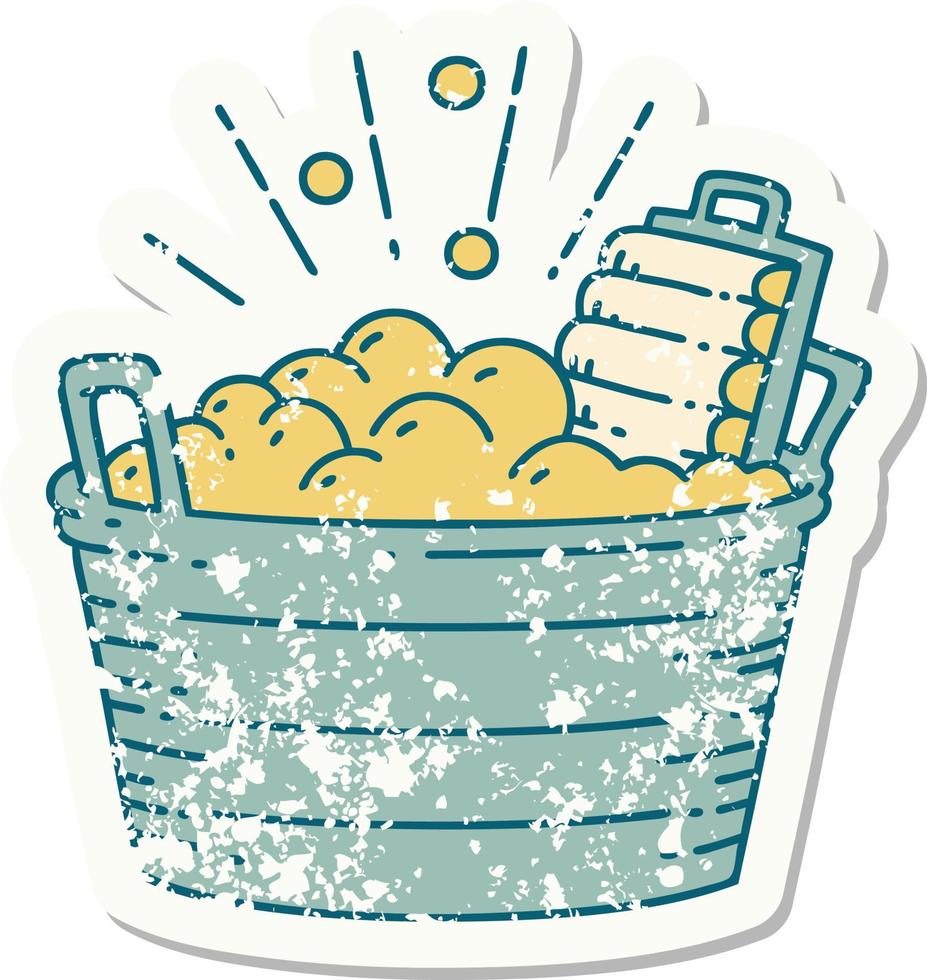 worn old sticker of a tattoo style old washboard and scrubbing bowl vector