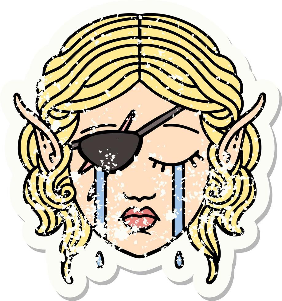 grunge sticker of a crying elf rogue character face vector