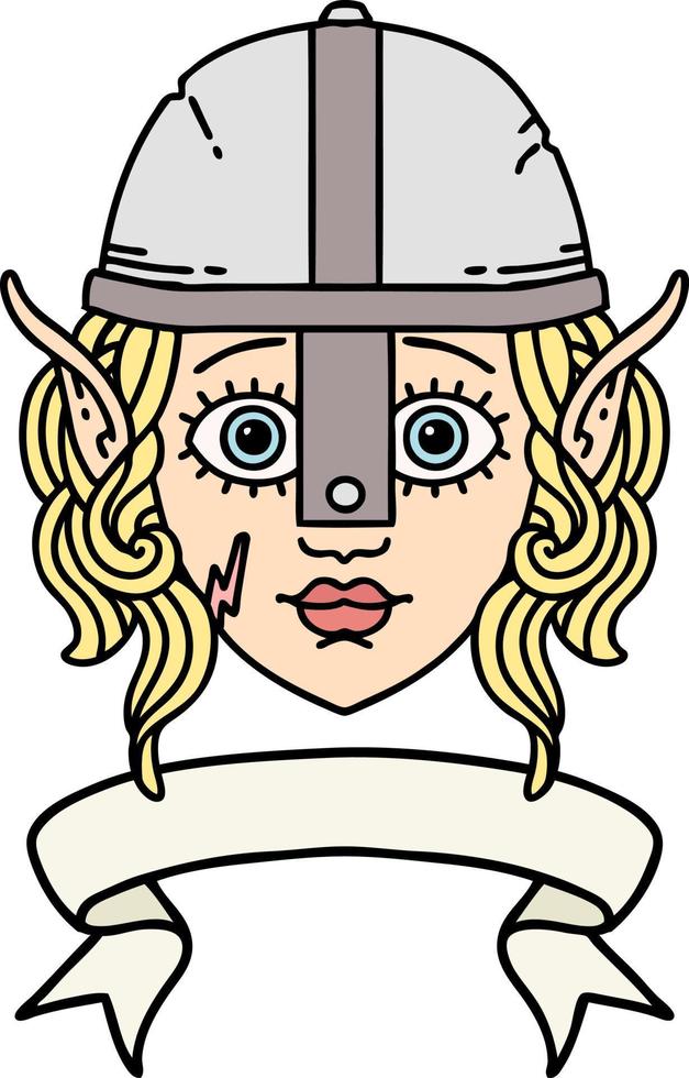 Retro Tattoo Style elf fighter character face with banner vector