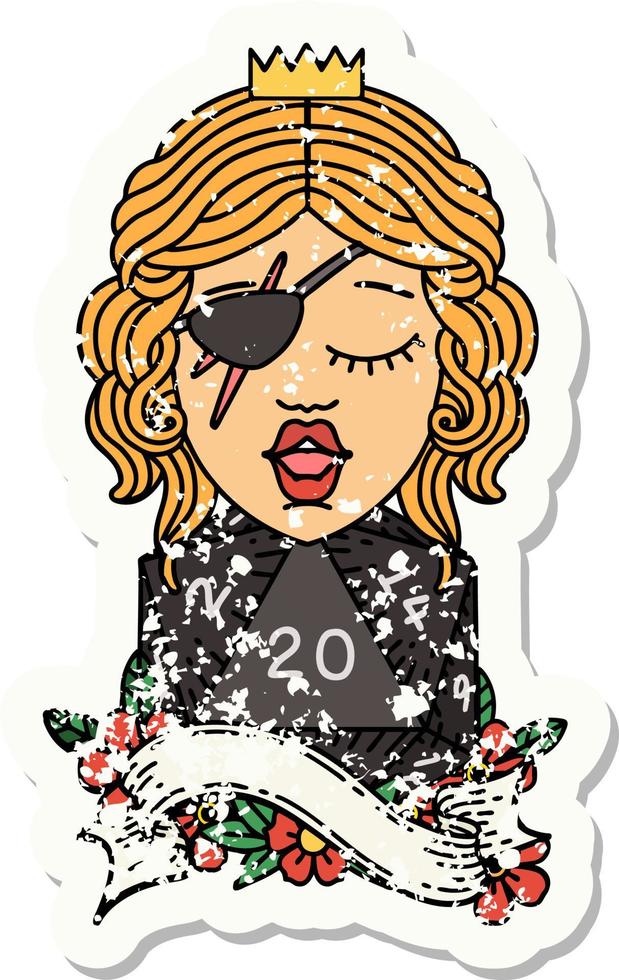 grunge sticker of a human rogue with natural twenty dice roll vector