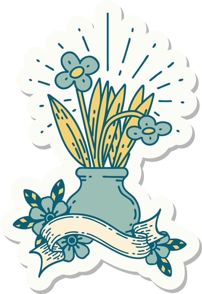 sticker of a tattoo style flowers in vase vector