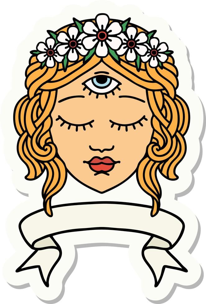 pegatina estilo tatuaje con pancarta de rostro femenino con tercer ojo y corona de flores vector