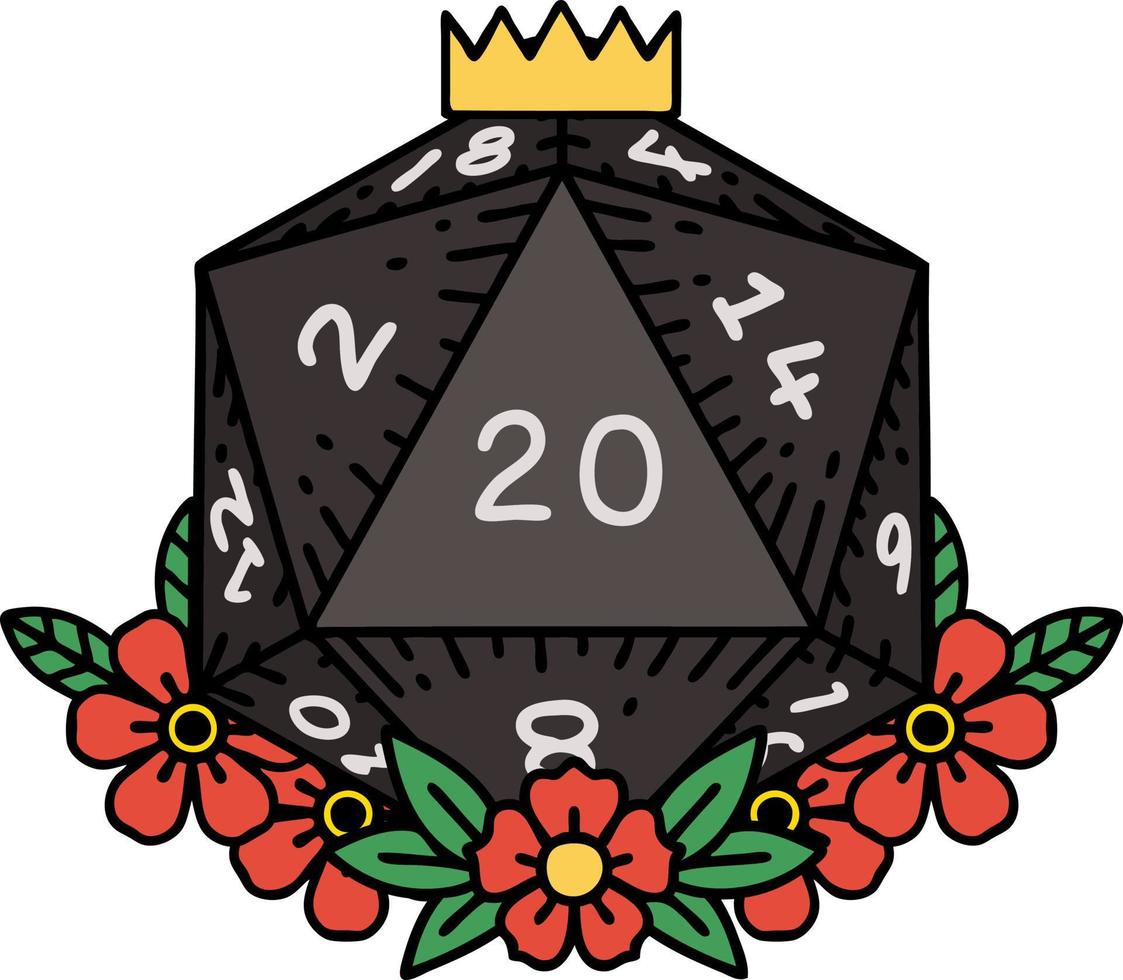 Retro Tattoo Style natural 20 D20 dice roll with floral elements vector