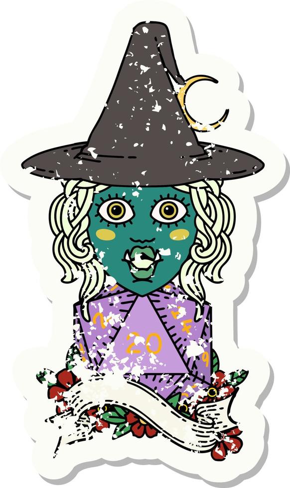 Retro Tattoo Style half orc mage with natural 20 dice roll vector