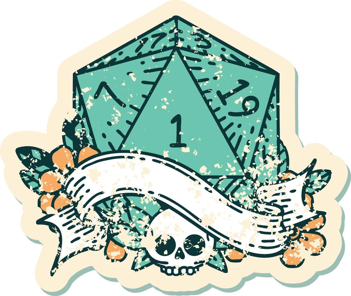 Retro Tattoo Style natural one d20 dice roll vector