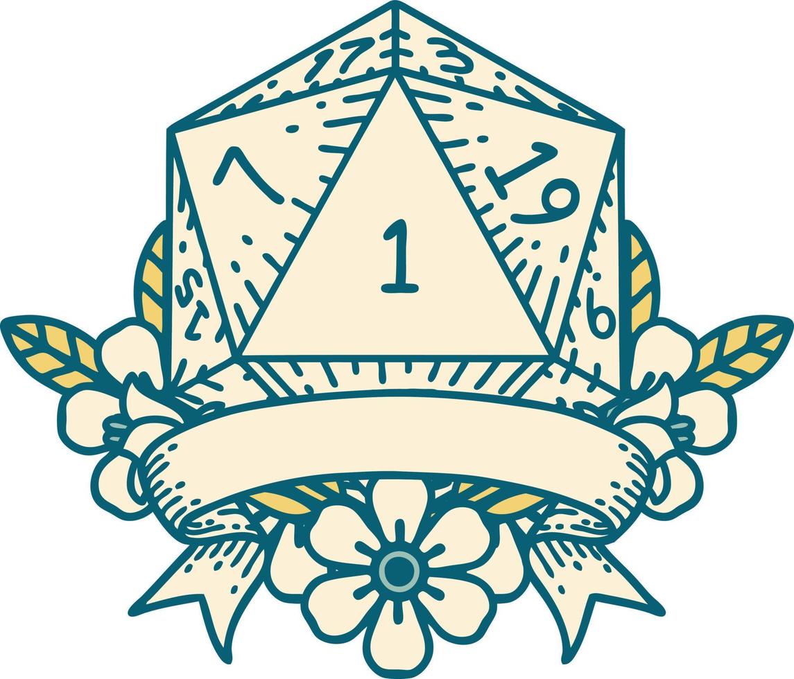 estilo de tatuaje retro natural uno d20 tirada de dados vector