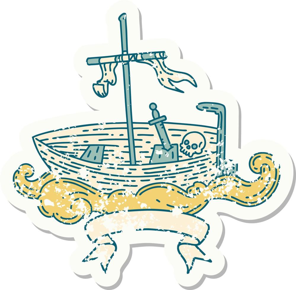 worn old sticker of a tattoo style empty boat with skull vector