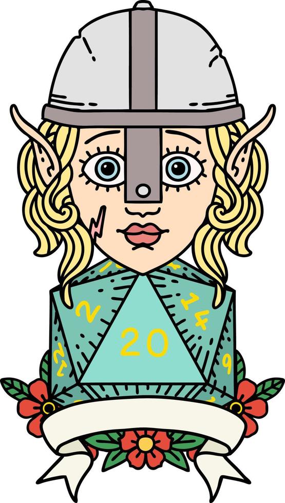 Retro Tattoo Style elf fighter with natural 20 dice roll vector