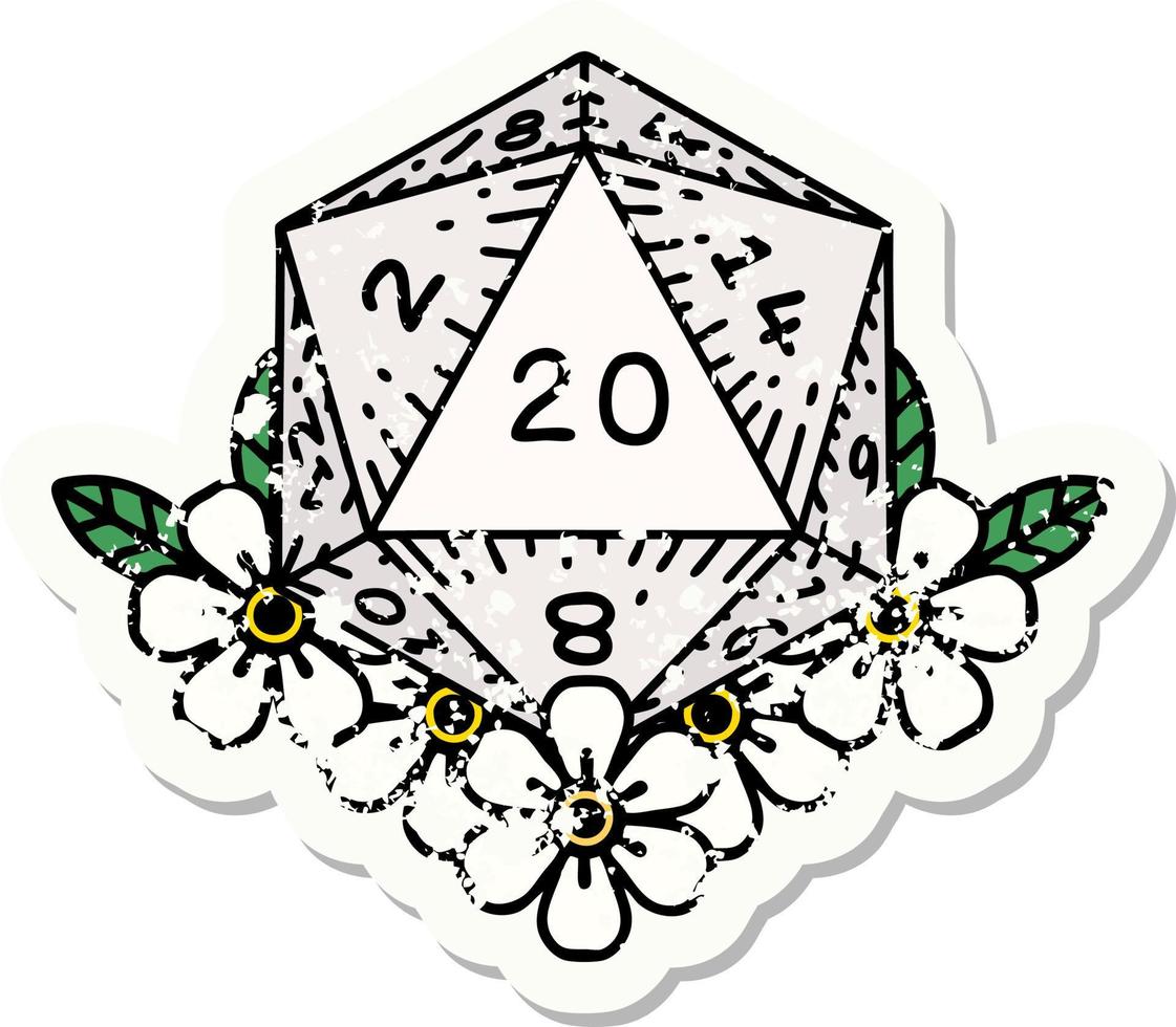 grunge sticker of a natural 20 D20 dice roll with floral elements vector