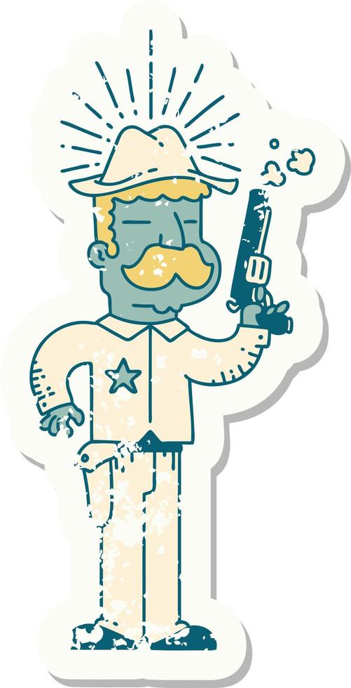 worn old sticker of a tattoo style wild west sheriff vector