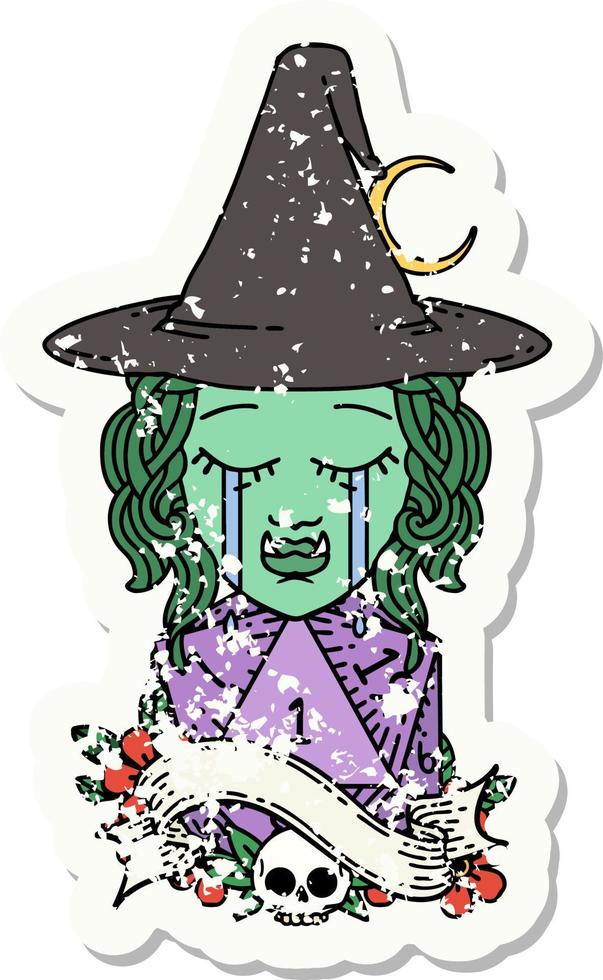 grunge sticker of a crying half orc witch character face with natural one d20 dice roll vector