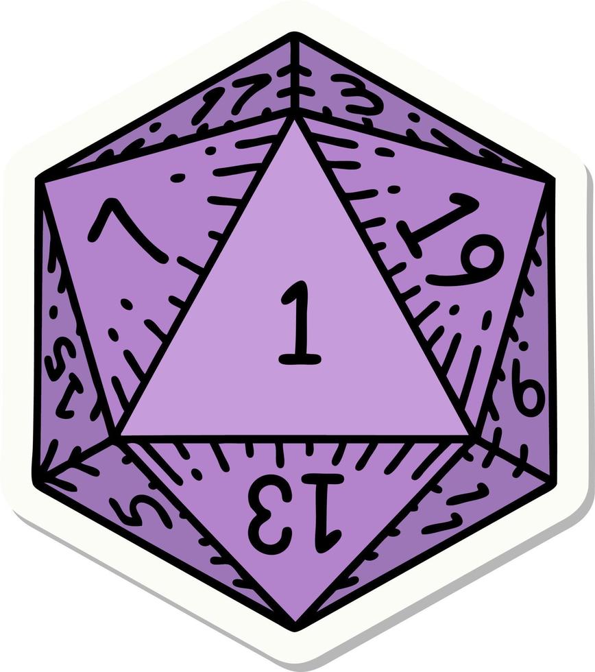 sticker of a natural 1 D20 dice roll vector