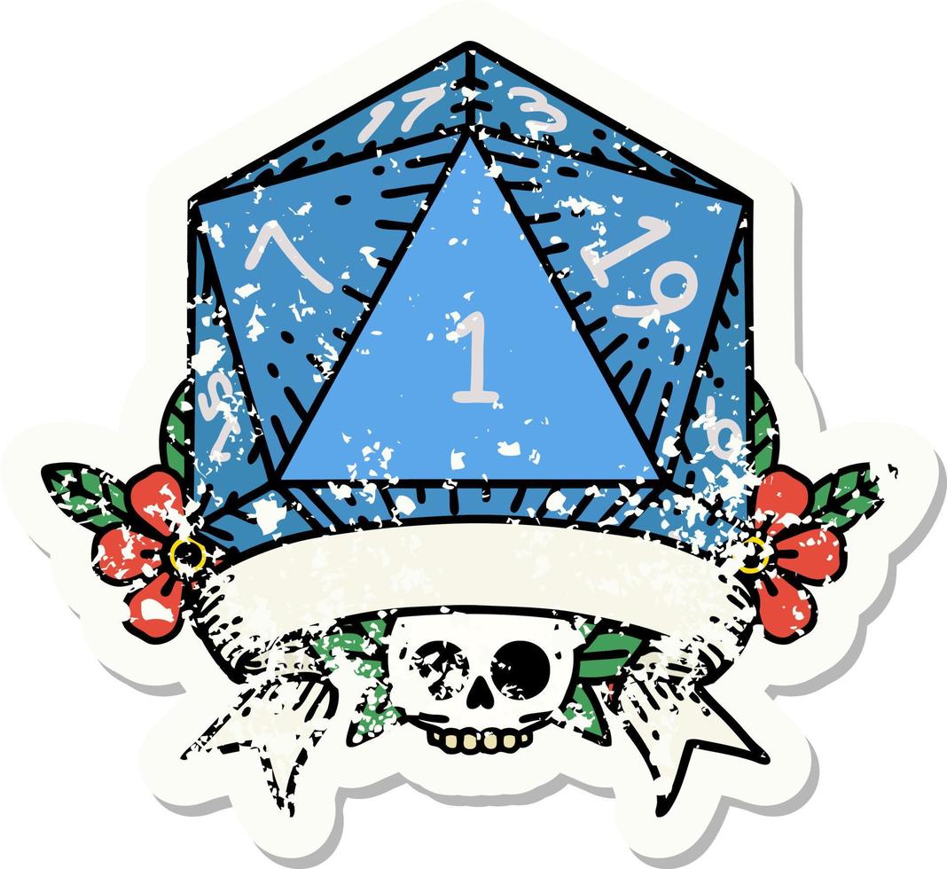 grunge sticker of a natural one d20 dice roll vector