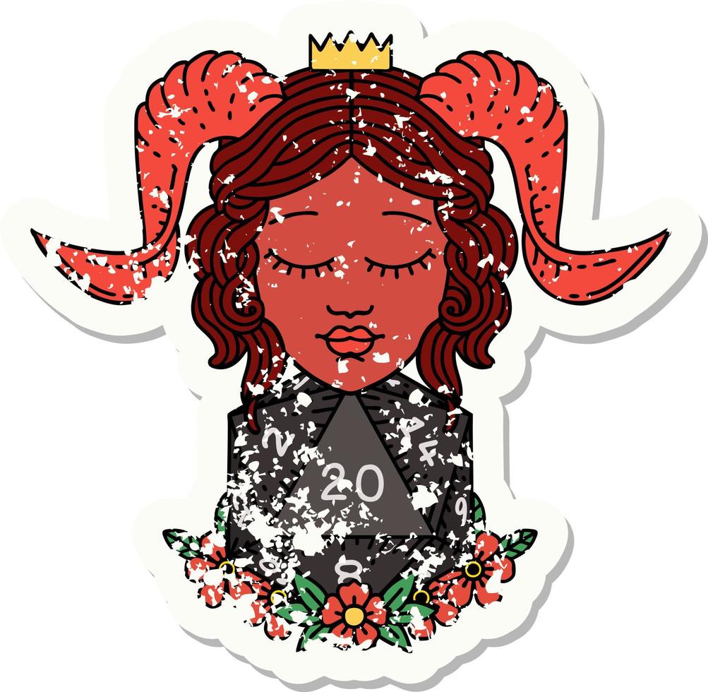grunge sticker of a tiefling with natural twenty d20 dice roll vector