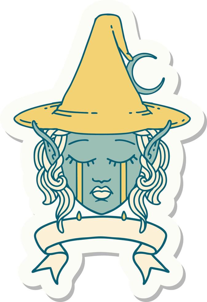 sticker of a crying elf mage character face wiht banner vector