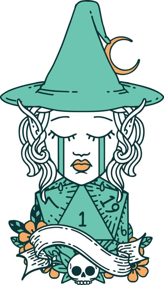 Retro Tattoo Style crying elf mage character face with natural one D20 roll vector