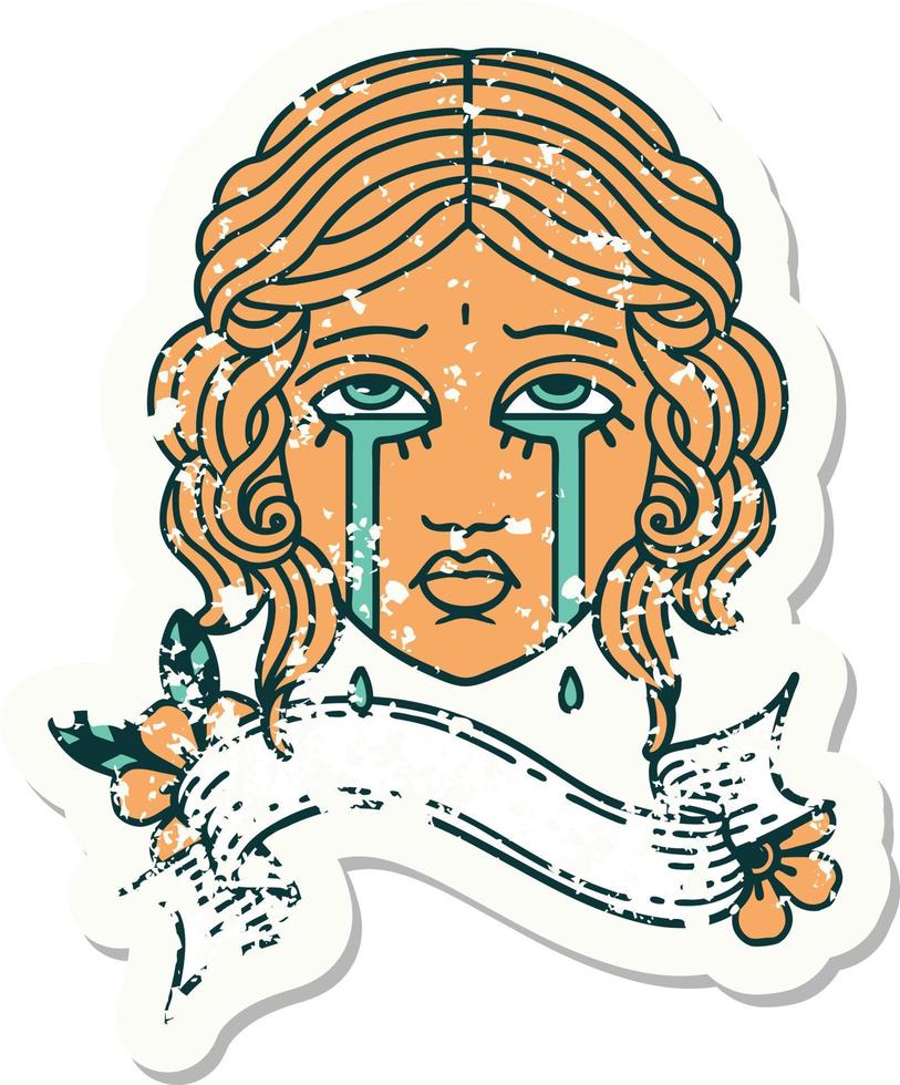 worn old sticker with banner of female face crying vector