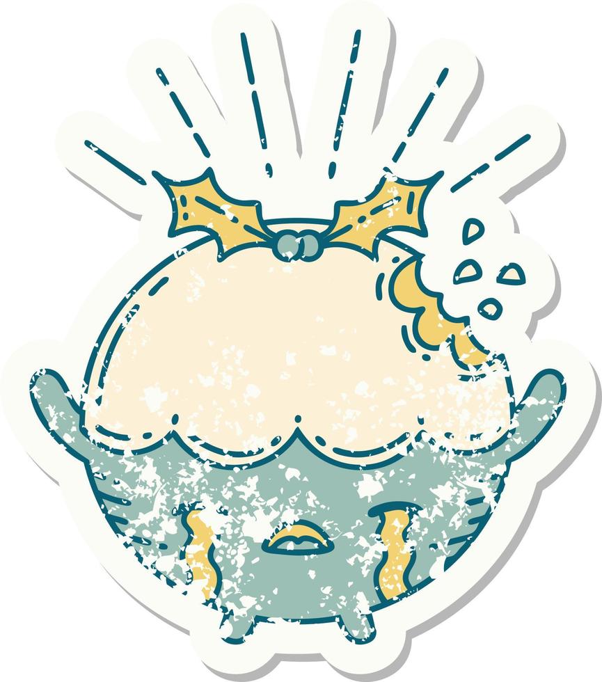 worn old sticker of a tattoo style christmas pudding character crying vector