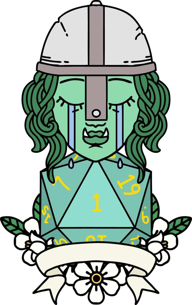 Retro Tattoo Style crying orc fighter character with natural one D20 roll vector