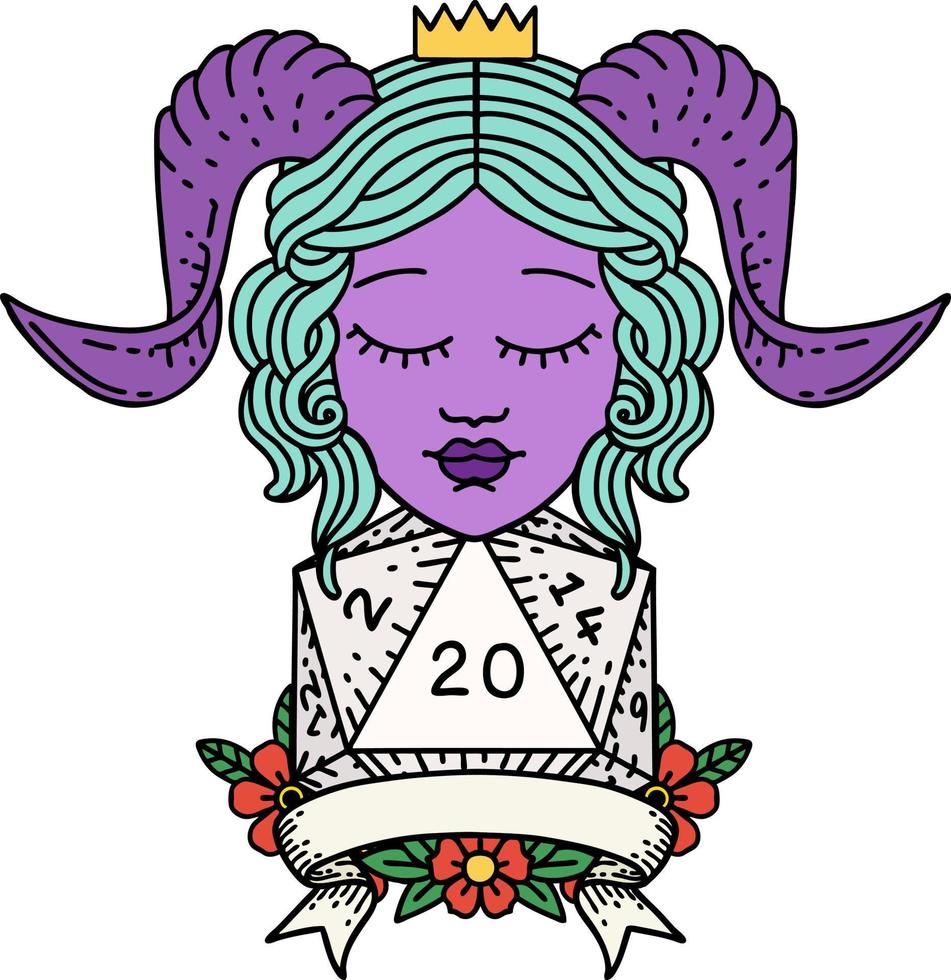 estilo retro tattoo tiefling con rollo natural 20d20 vector