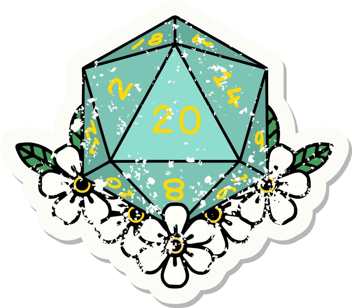 grunge sticker of a natural 20 D20 dice roll with floral elements vector