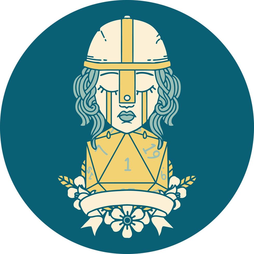 Retro Tattoo Style crying human fighter with natural one D20 dice vector