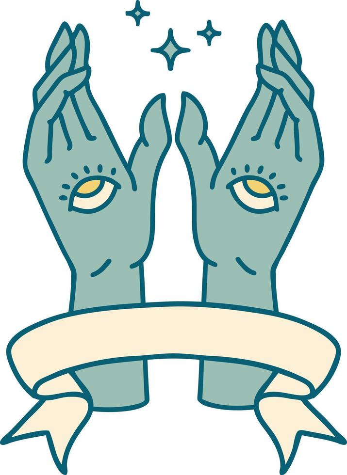 traditional tattoo with banner of mystic hands vector
