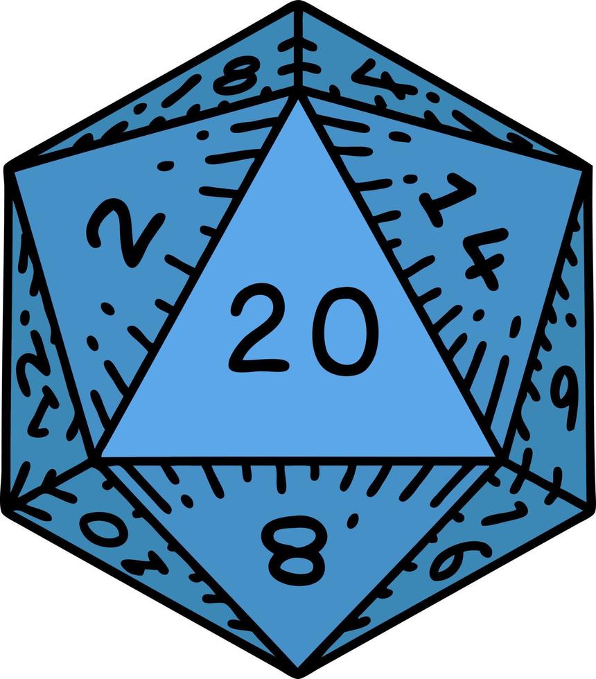 Retro Tattoo Style natural 20 D20 dice roll vector