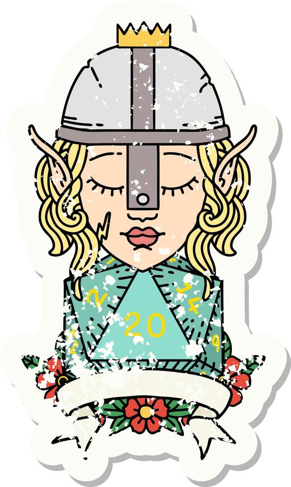 grunge sticker of a elf fighter with natural 20 dice roll vector