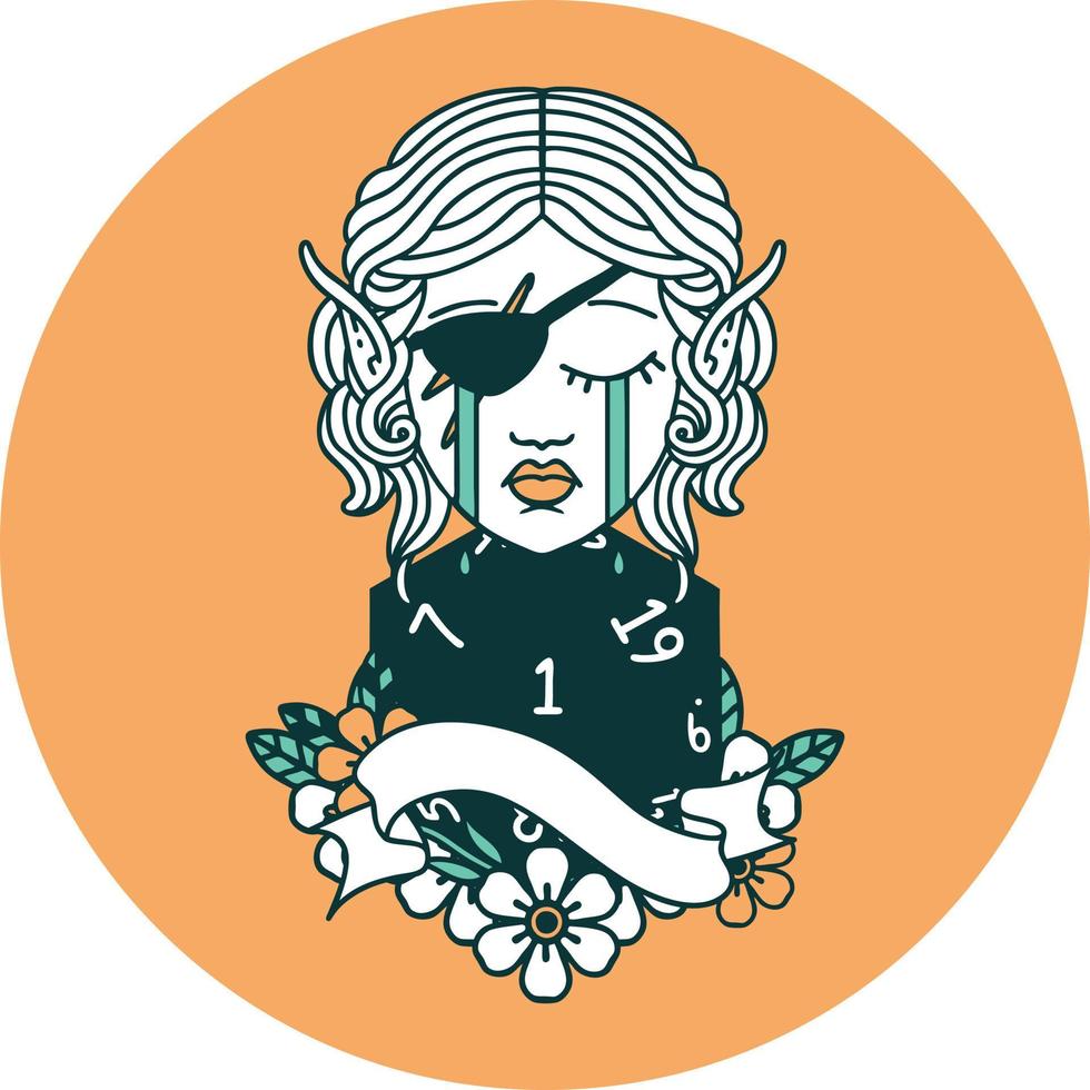 icon of crying elf rogue character face with natural one D20 roll vector