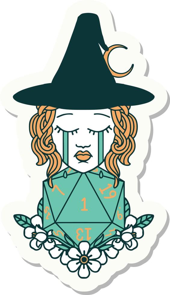 sticker of a crying human witch with natural one D20 dice roll vector