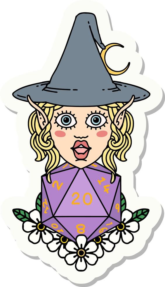 sticker of a elf mage character with natural twenty dice roll vector