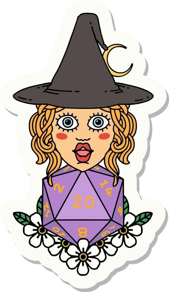 sticker of a human witch with natural twenty dice roll vector