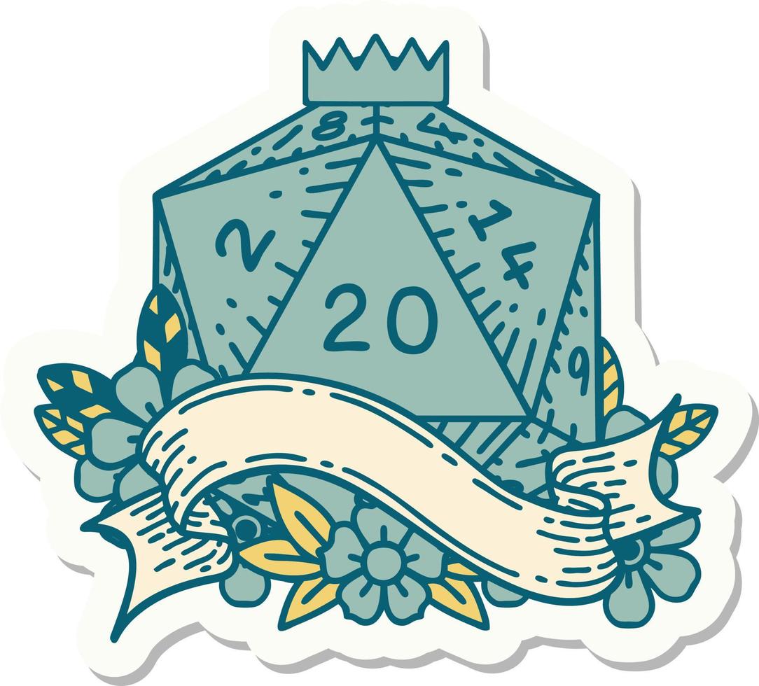sticker of a natural twenty D20 dice roll vector