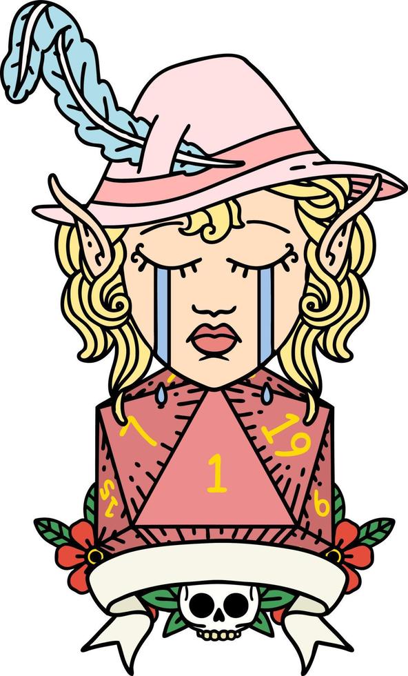 Retro Tattoo Style crying elf bard character with natural one D20 roll vector