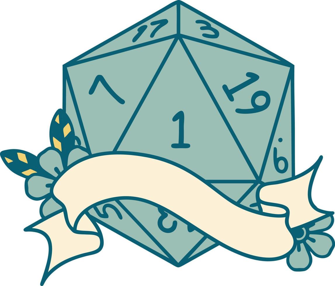 Retro Tattoo Style natural one d20 dice roll vector