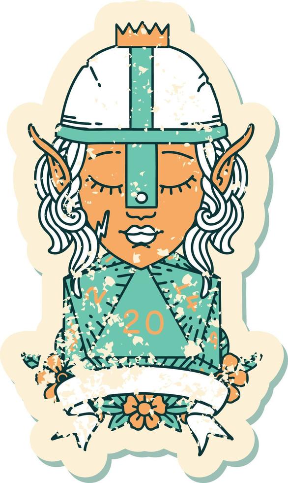 Retro Tattoo Style elf fighter with natural 20 dice roll vector