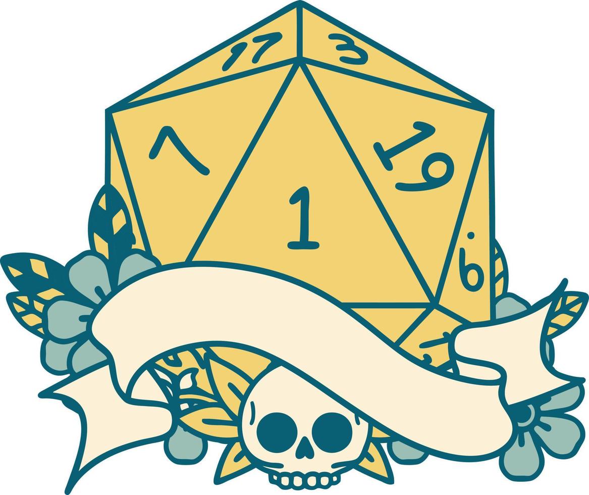 Retro Tattoo Style natural one d20 dice roll vector