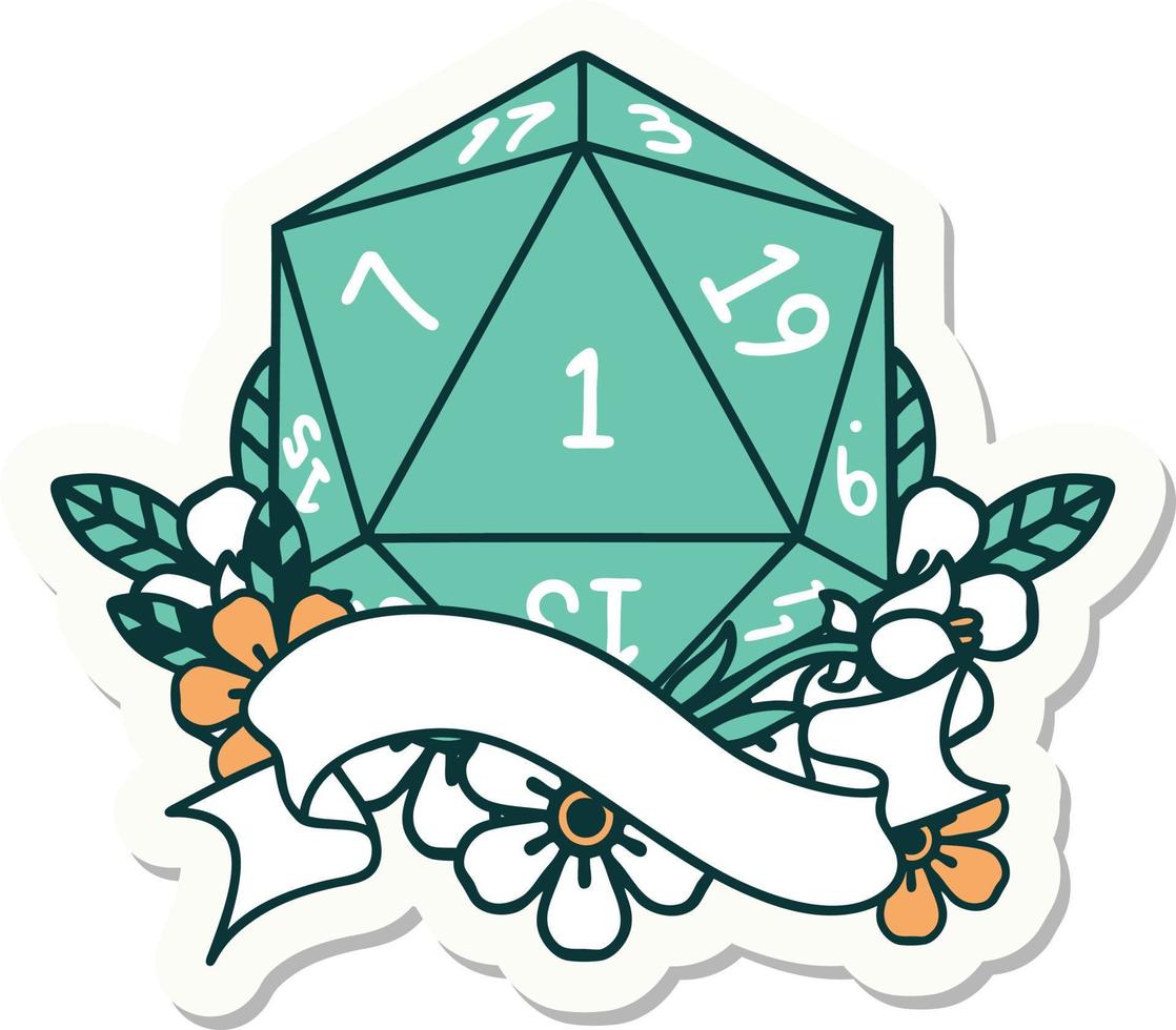 sticker of a natural one d20 dice roll vector