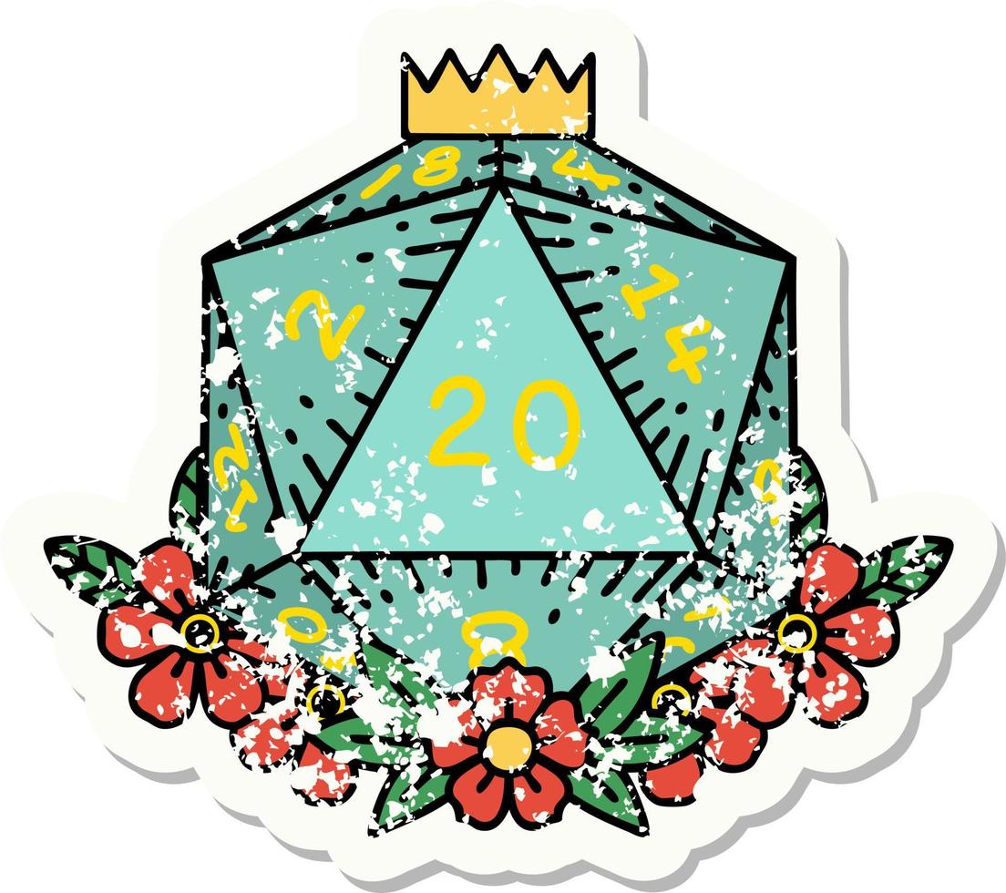 grunge sticker of a natural 20 D20 dice roll with floral elements vector