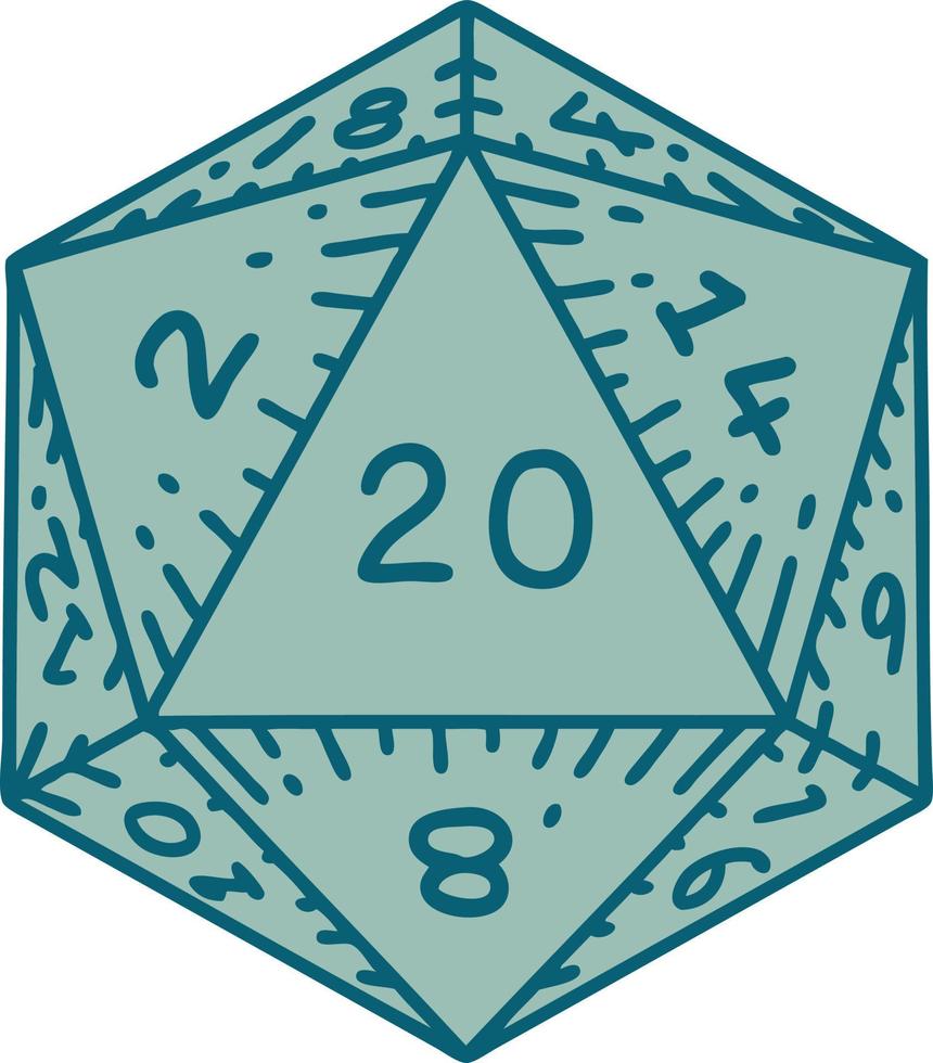 Retro Tattoo Style natural 20 D20 dice roll vector