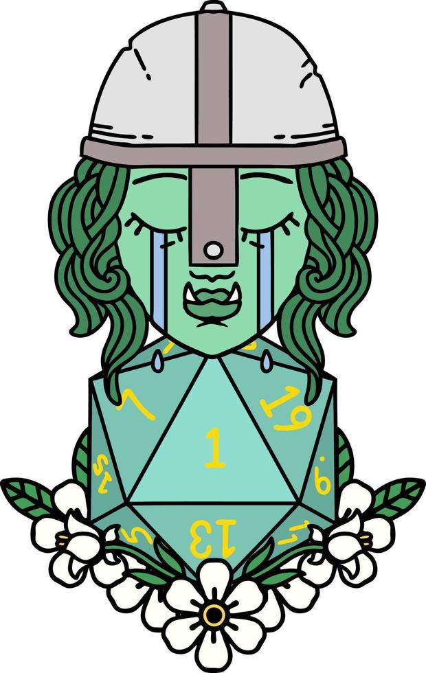 Retro Tattoo Style crying orc fighter character with natural one D20 roll vector