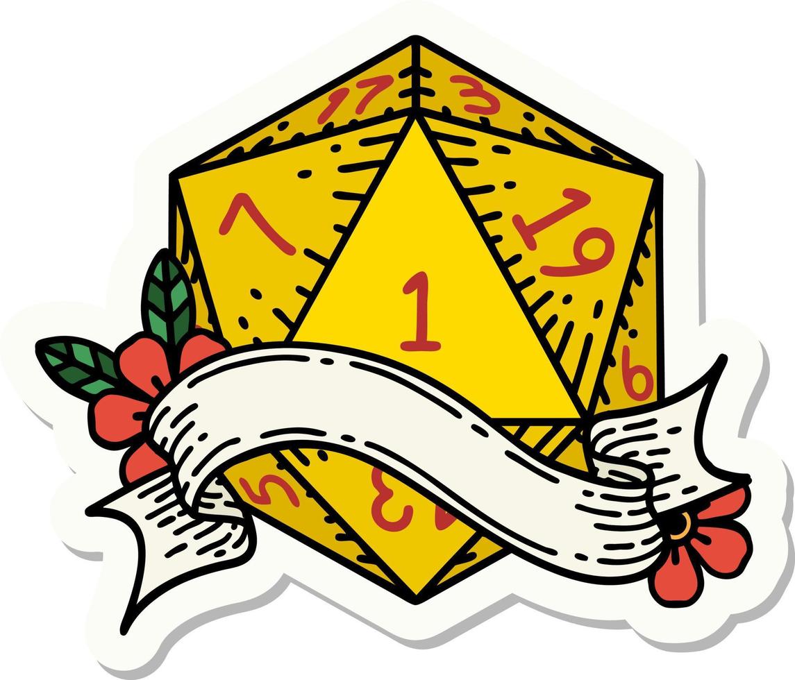 sticker of a natural one d20 dice roll vector