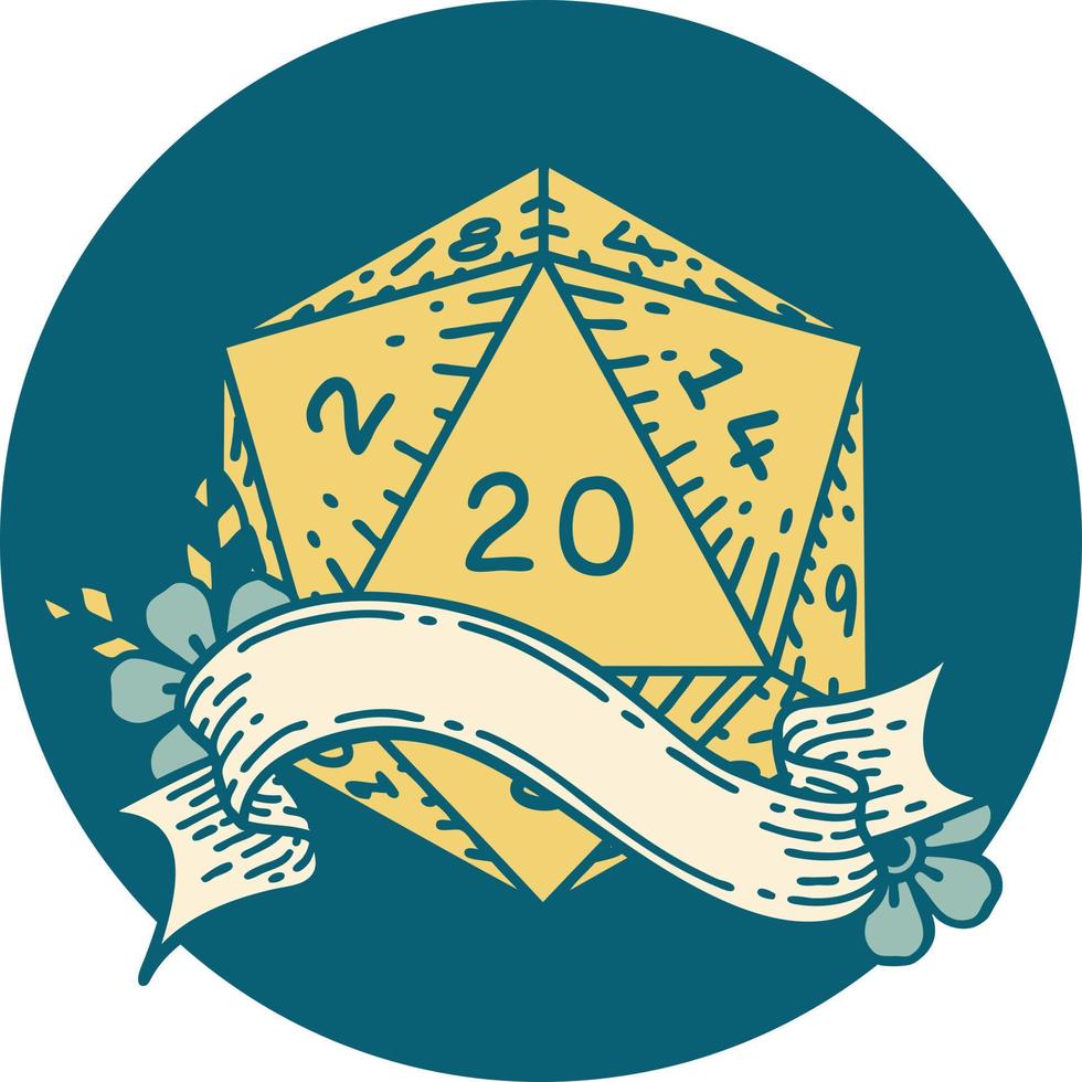 Retro Tattoo Style natural twenty D20 dice roll vector