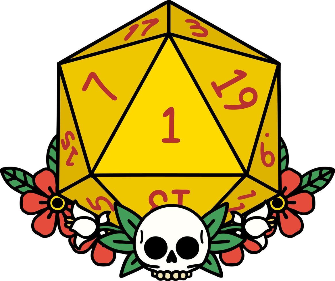 Retro Tattoo Style natural one dice roll with floral elements vector