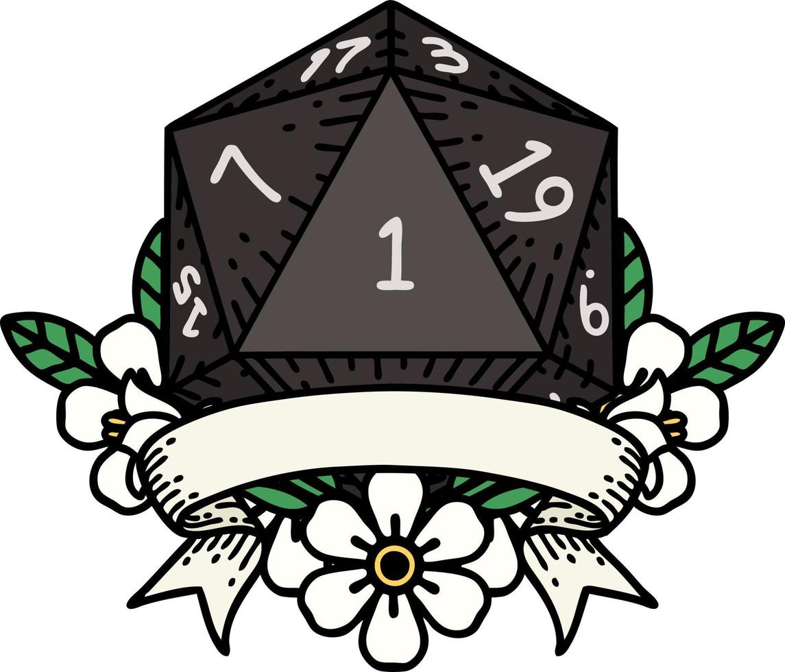 estilo de tatuaje retro natural uno d20 tirada de dados vector