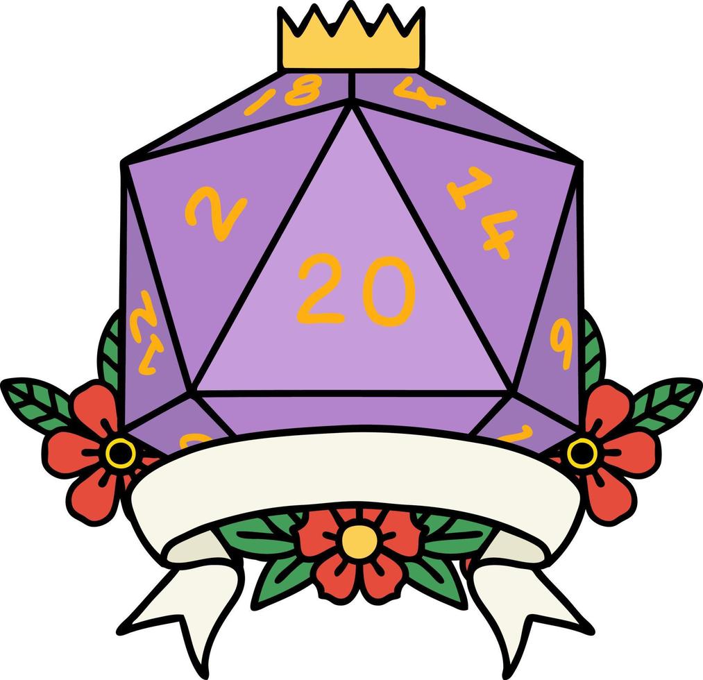 Retro Tattoo Style natural 20 critical hit D20 dice roll vector