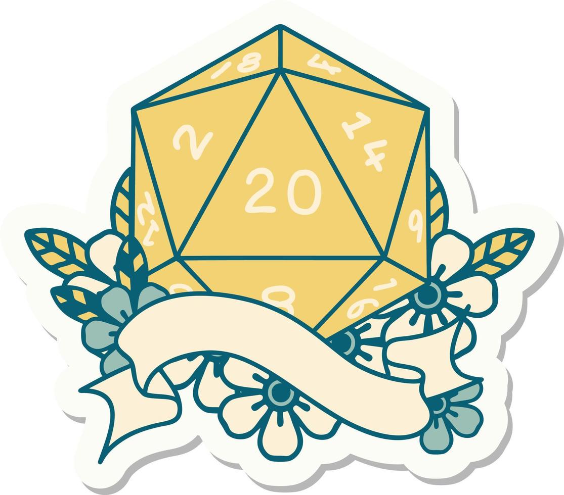 sticker of a natural twenty D20 dice roll vector