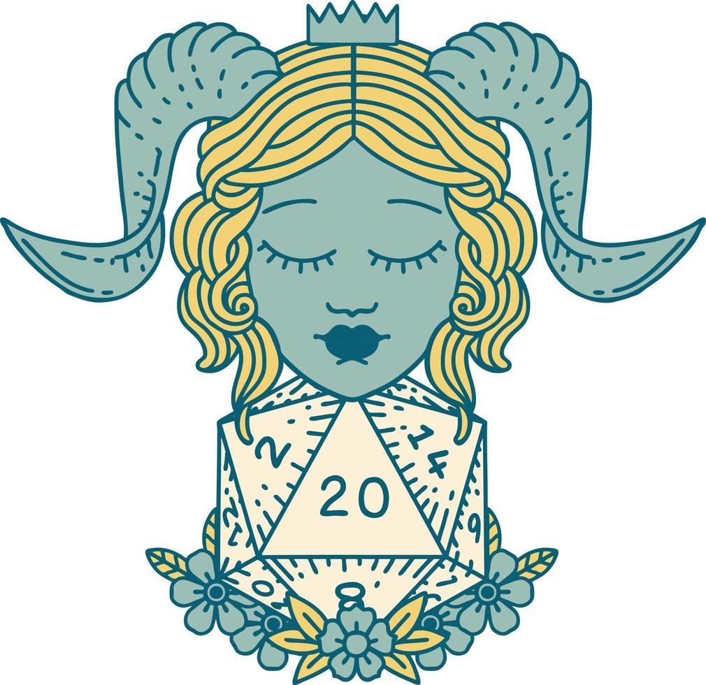 estilo de tatuaje retro tiefling con tirada de dados natural veinte d20 vector