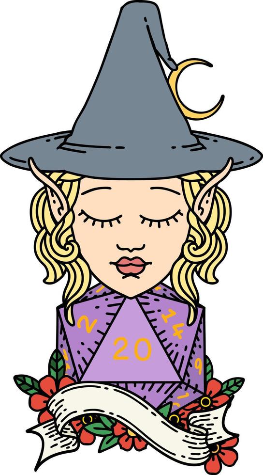 Retro Tattoo Style elf mage character with natural twenty dice roll vector